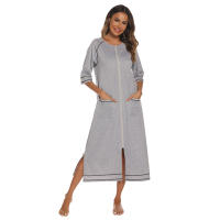 Bata larga de media manga con cremallera para mujer, ropa de dormir de longitud completa, Camisón con bolsillos, bata de baño - details 18
