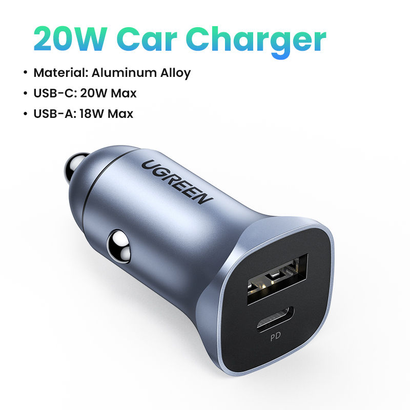 UGREEN Cargador de Coche USB C de 20 W USB A Doble Puerta, Carga Rápida PD 3.0 20 W + QC 3.0 18 W, Compatible con iPhone 15, 14, 13 Plus Pro Max, Galaxy S23, S22, Pixel 7.6