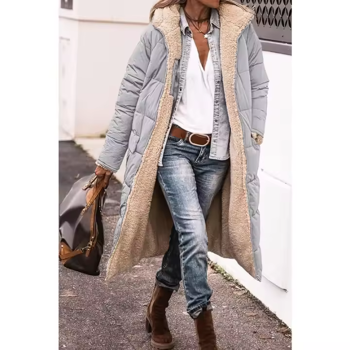 Chaqueta de Invierno de Largo con Capucha de Sherpa Reversible Cálida, Cierre de Cremallera, Forro de Poliéster Ideal para Mujeres - 1