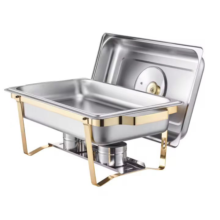SucceBuy Juego de platos para calentar de acero inoxidable, paquete de 4 de 8 cuartos, incluye sartenes de tamaño completo, tapa de vidrio, soporte plegable y soporte para combustible para eventos de catering, bodas y fiestas - 1
