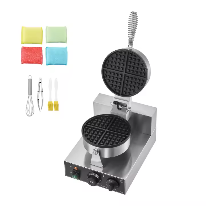 SucceBuy Máquina para hacer gofres comercial, redonda de 1230 W, acero inoxidable antiadherente, control de temperatura y tiempo, mango - 1