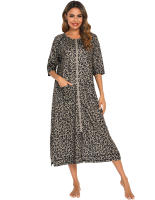 Bata larga de media manga con cremallera para mujer, ropa de dormir de longitud completa, Camisón con bolsillos, bata de baño - details 22