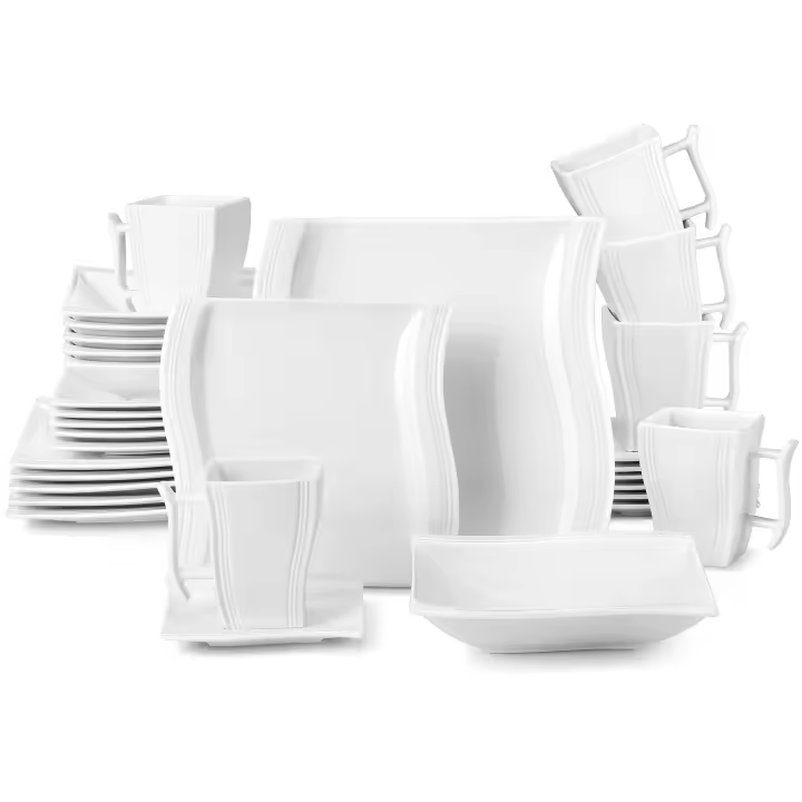 Flora-Juego de vajilla de porcelana blanca de 30 piezas, 6 tazas, platillos, platos de postre, sopa y cena, servicio - 1