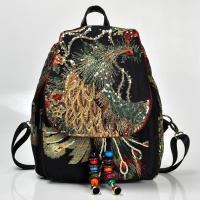 Mochila de lentejuelas de gran capacidad para mujer, bolso de lujo con bordado de pavo real, informal, de viaje - details 4