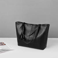 Bolso de mano de cuero PU para mujer, bolsa de hombro de gran capacidad con asa, Color sólido Simple, Color negro, compras, moda - details 13