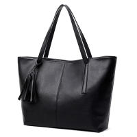 Bolso de mano de cuero PU para mujer, bolsa de hombro de gran capacidad con asa, Color sólido Simple, Color negro, compras, moda - details 6