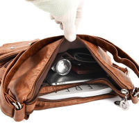 Bolso de mano informal de cuero lavado para mujer, bolso de hombro grande, bolso cruzado de cuero Vintage para mujer - details 19