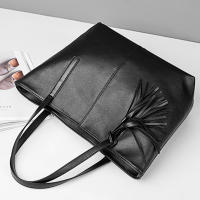 Bolso de mano de cuero PU para mujer, bolsa de hombro de gran capacidad con asa, Color sólido Simple, Color negro, compras, moda - details 16