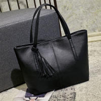 Bolso de mano de cuero PU para mujer, bolsa de hombro de gran capacidad con asa, Color sólido Simple, Color negro, compras, moda - details 15