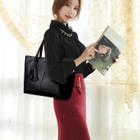 Bolso de mano de cuero PU para mujer, bolsa de hombro de gran capacidad con asa, Color sólido Simple, Color negro, compras, moda - details 3