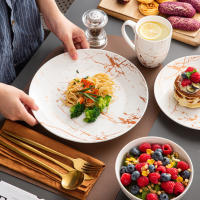 Juego de vajilla de celelina blanca, diseño de salpicaduras doradas con plato para cena, pastel, cuencos, tazas de café, 16 piezas - details 1