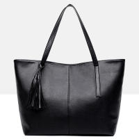 Bolso de mano de cuero PU para mujer, bolsa de hombro de gran capacidad con asa, Color sólido Simple, Color negro, compras, moda - details 5