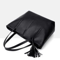 Bolso de mano de cuero PU para mujer, bolsa de hombro de gran capacidad con asa, Color sólido Simple, Color negro, compras, moda - details 9