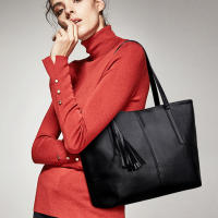 Bolso de mano de cuero PU para mujer, bolsa de hombro de gran capacidad con asa, Color sólido Simple, Color negro, compras, moda - details 2