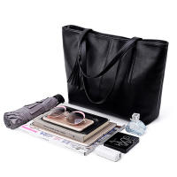 Bolso de mano de cuero PU para mujer, bolsa de hombro de gran capacidad con asa, Color sólido Simple, Color negro, compras, moda - details 19