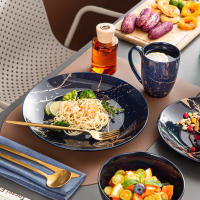 Juego de vajilla de porcelana azul oscuro, diseño de salpicaduras doradas con plato para cena, pastel, cuencos, tazas de café, 16 piezas - details 2