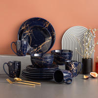 Juego de vajilla de porcelana azul oscuro, diseño de salpicaduras doradas con plato para cena, pastel, cuencos, tazas de café, 16 piezas - details 0