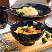 Juego de vajilla de porcelana azul oscuro, diseño de salpicaduras doradas con plato para cena, pastel, cuencos, tazas de café, 16 piezas - details 3