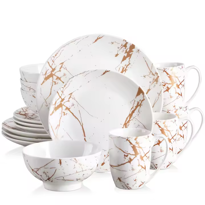 Juego de vajilla de celelina blanca, diseño de salpicaduras doradas con plato para cena, pastel, cuencos, tazas de café, 16 piezas - 1