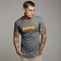 Summer Casual Fashion Knitted Top Gym Bodybuilding Short Sleeve T-shirt Men Fitness Slim Striped Solid Print Breathable T-shirt - details 2