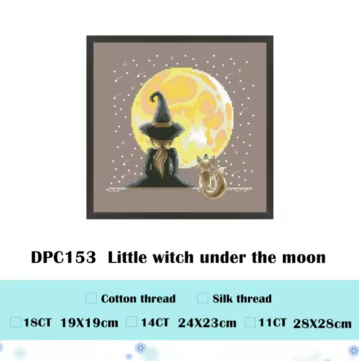 Kit de punto de cruz de bruja pequeña bajo la luna, diseño de hilo de algodón, 14ct 11ct, lienzo de café, bordado, costura artesanal - 1