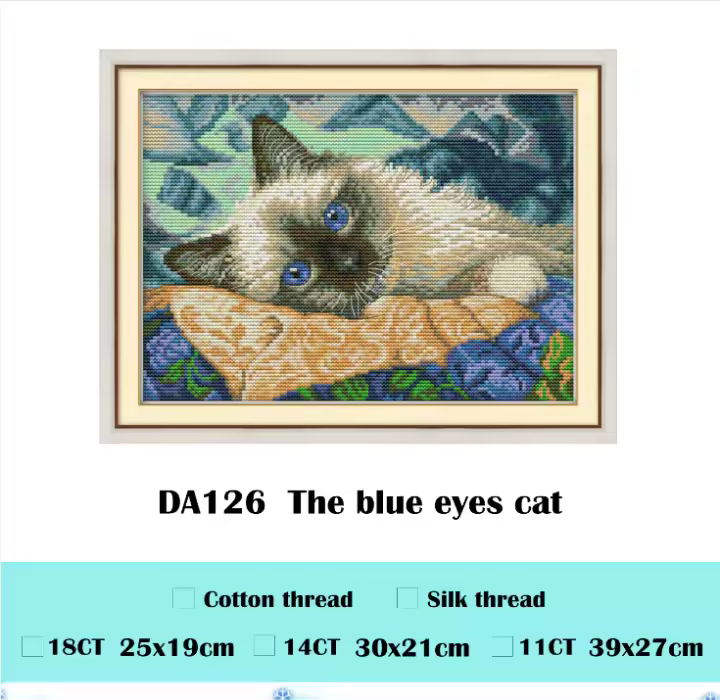 Kit de punto de cruz de gato de ojos azules, lienzo impreso, bordado, costura hecha a mano, bricolaje, algodón, aida, 14ct, 11ct - 1