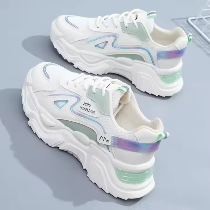 Zapatillas de deporte con plataforma para mujer, zapatos planos de color verde, informales, gruesas - 1