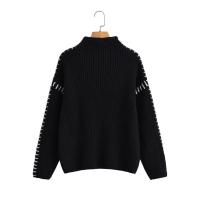 Women Casual Half High Collar Long Sleeve Knitted Pullovers Autumn Winter Patchwork Sweaters Black Loose Jumper - details 8
