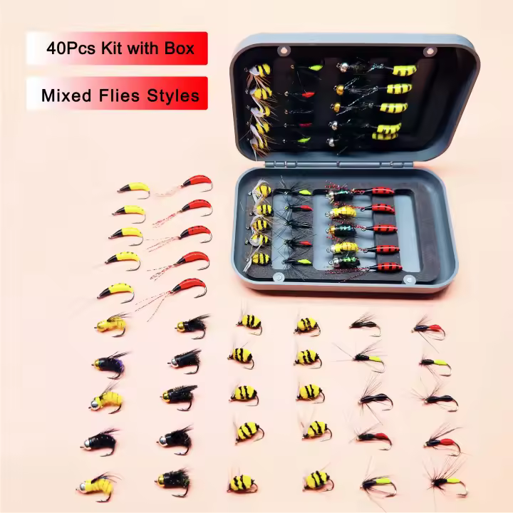 Kit de 40 piezas de moscas de pesca con mosca, pesca con mosca, moscas secas/húmedas, surtido de señuelos de insectos realistas, kit de cebo artificial con caja de moscas, pesca para trucha/bajo/perca/salmón - 1