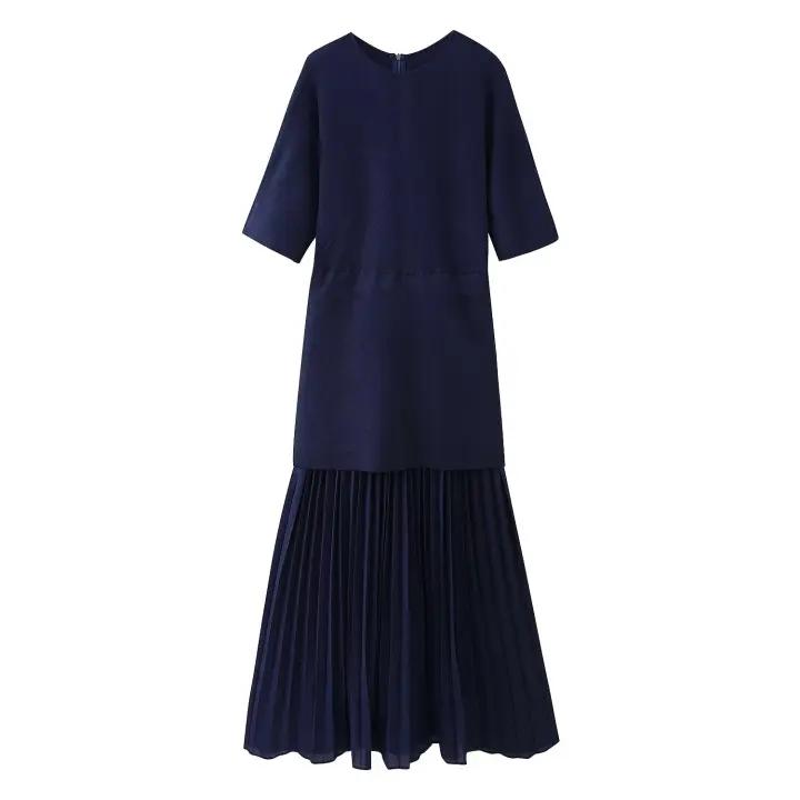 TRAFZA-vestido largo Vintage de manga corta con cremallera trasera para mujer, vestido plisado de punto con cuello redondo, decoración de empalme, primavera 2025 - 1