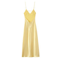 2025 mujeres amarillo satén tirantes espagueti vestido Sexy moda espalda descubierta cuello en V A-line Midi Vestidos de verano Vestidos de noche - details 1