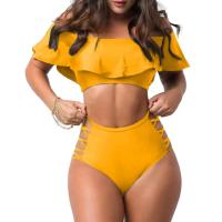 Conjunto de Bikini con hombros descubiertos, sujetador Bandeau con ribete con volantes, bañadores calados de cintura alta, traje de baño con realce, 2 unidades por juego - details 19