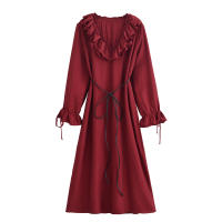 Spring 2025 Women Layered Ruffle V Neck A-line Midi Dress Long Sleeve With Belt Elegant Lady Dresses Burgundy Vestidos - details 0