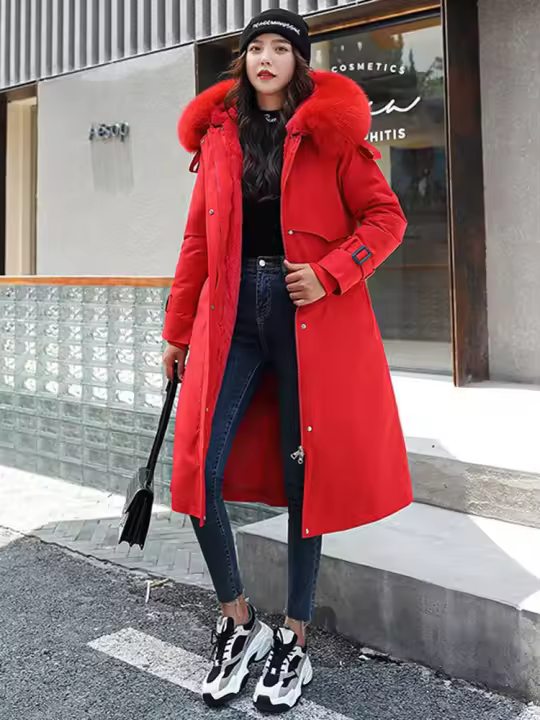Chaqueta de invierno con capucha para mujer, Parka larga y gruesa con relleno de piel sintética, chaqueta desmontable de talla grande - 1