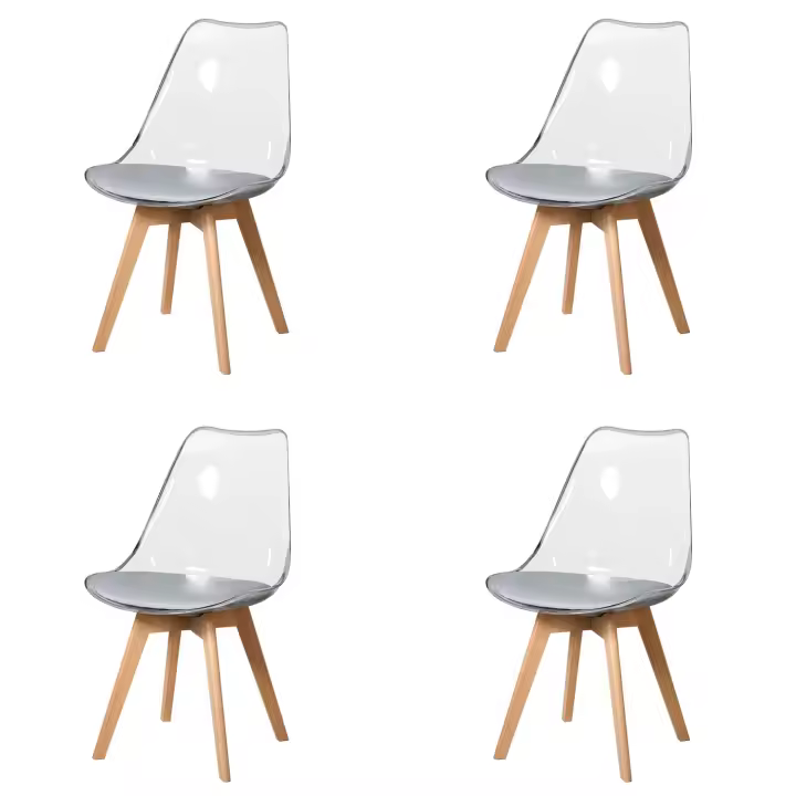 Un juego de 4 sillas de comedor modernas transparentes con patas de madera de haya tapizadas en cuero para sala de estar, cocina, oficina y salón. - 1