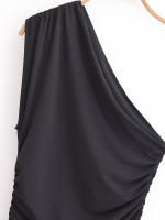 High Street Women Side Ruched Hem Slit Sleeveless Asymmetric Long Dress Black Sexy Maxi Vestidos - details 1