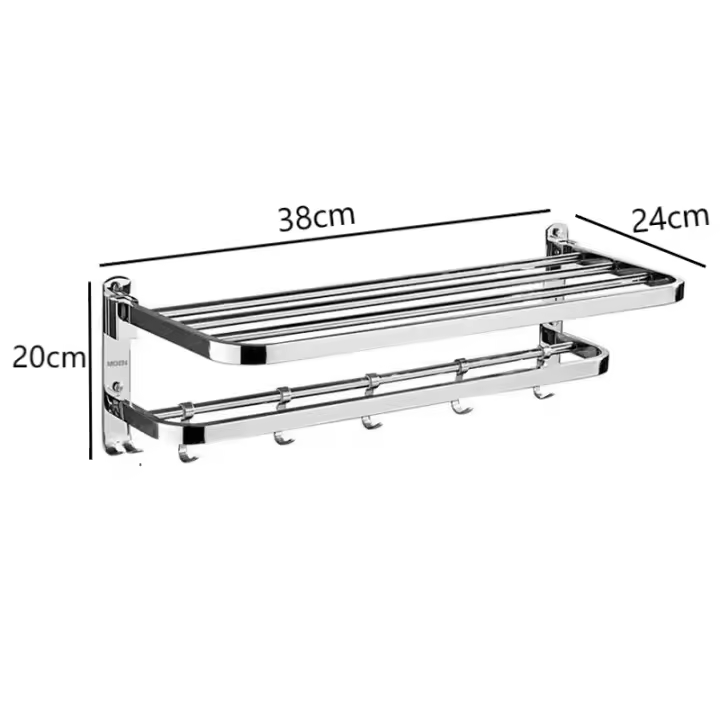 Toallero de acero inoxidable plegable, estante de toalla de baño sin perforaciones con ganchos para el hogar, cocina, suministros de baño, soporte de almacenamiento, 1 unidad - 1