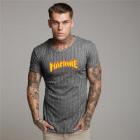Summer Casual Fashion Knitted Top Gym Bodybuilding Short Sleeve T-shirt Men Fitness Slim Striped Solid Print Breathable T-shirt - details 3