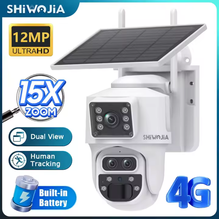 SHIWOJIA 12MP 6K 15X Zoom cámara Solar 4G pantalla Dual exterior tres lentes 7800mAh batería cámara PIR detección seguimiento automático CCTV - 1