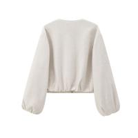 Autumn Women Crop Soft Bomber Jacket Coat Vintage Lantern Sleeve O Neck With Zipper Casual Loose Outerwear Lady Outfits - details 13