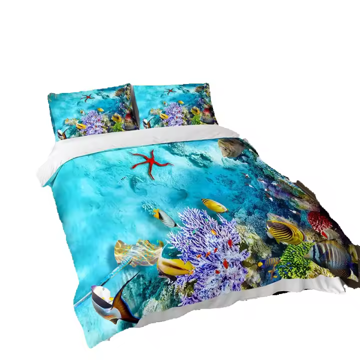 Funda de edredón Juego de funda nórdica con estampado 3D de peces de mar azul, juego de cama para niños, funda de edredón de poliéster suave con paisaje nórdico del océano Queen King - 1