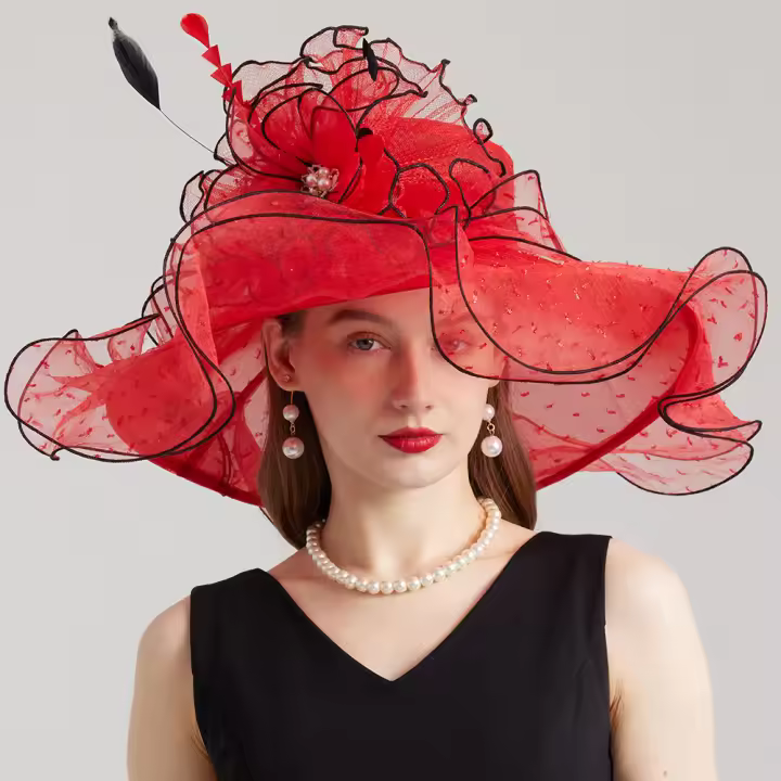Sombreros Derby elegantes de Organza para mujer, gorro de ala ancha para novia, boda, flor grande, iglesia, sombrilla, 2024 - 1