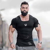 Men Gym Fitness Slim Fit Shirt Summer Absorb Sweat Breathable Cotton Short Sleeve T-Shirt Casual Fashion Square Collar Hole Tops - details 15