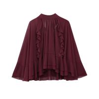 Primavera 2025, blusa estilo capa con volantes color Burdeos para Mujer, camisa holgada con dobladillo asimétrico y lazo en la espalda, Blusas de calle para Mujer - details 0