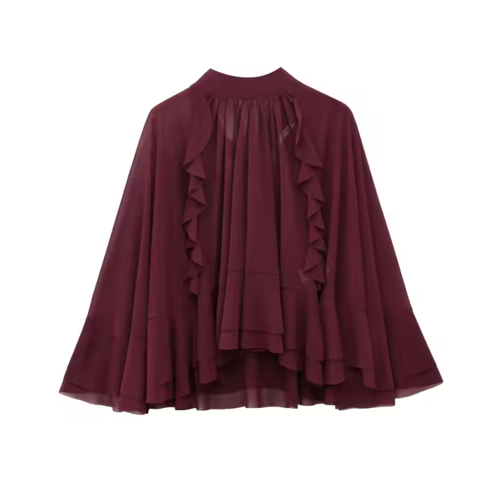 Primavera 2025, blusa estilo capa con volantes color Burdeos para Mujer, camisa holgada con dobladillo asimétrico y lazo en la espalda, Blusas de calle para Mujer - 1