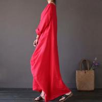 Vestido Maxi de Algodón y Lino Vintage Casual Cuello Redondo Manga Corta - details 16