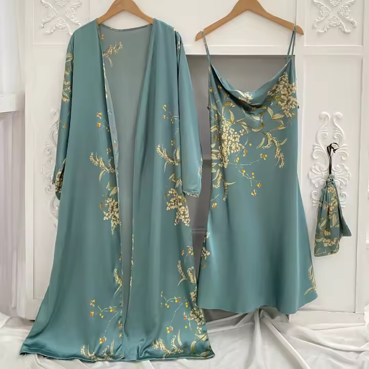 Camisón estampado de 2 piezas para mujer, vestido de novia, albornoz, ropa interior de satén con cuello en V, pijama con tirantes - 1