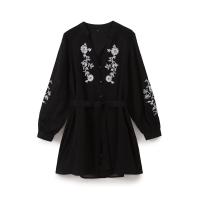 Vintage Women Front Button With Belt Floral Embroidery Short Dress Long Sleeve V Neck Autumn Casual Dress Black - details 0