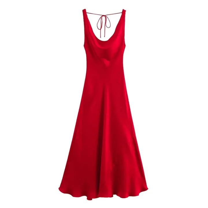 TRAFZA 2025, novedad de verano para mujer, Vestidos largos ajustados con textura de seda de color liso, vestido de noche elegante con cordones en la espalda para mujer - 1