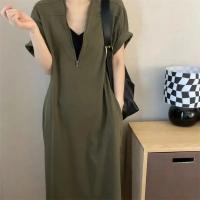 Vestidos con capucha informales negros de gran tamaño con textura a la moda de verano para mujer, ropa de calle, Vestido de playa de manga corta con media cremallera - details 2